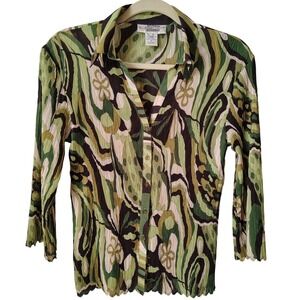 Vintage 90s EK Design Women's Top Medium Green Abstract Crinkle Scalloped Retro‎